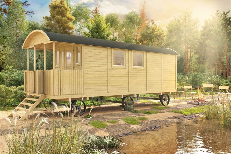 Pipowagen - Zigeunerwagen Kathleen | 720 x 240 x 325 cm met veranda | Wanddikte 19 mm